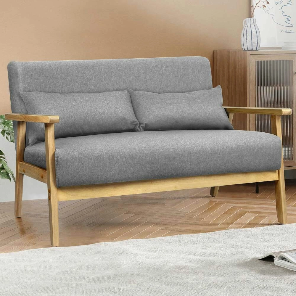 Alfordson Armchair 2 Seater Sofa Fabric Lounge Chair Accent Couch Wood Seat Grey