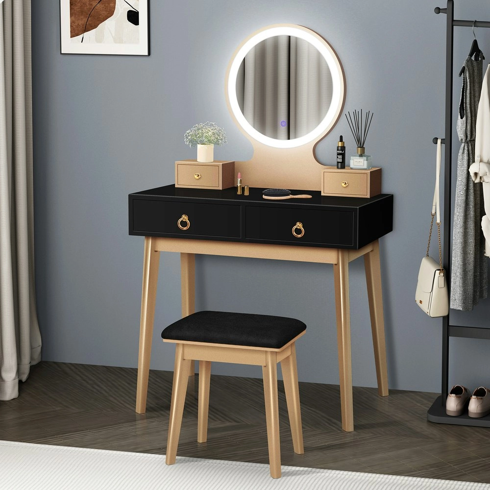 Alfordson Dressing Table Stool Set LED Mirror Black