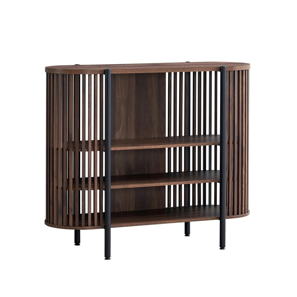 Design Square Ailani Wooden Sideboard Buffet Unit Storage Cabinet 3-Tier Shelves 120cm Slat Walnut