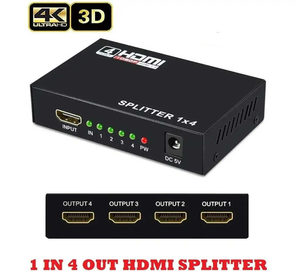 1 IN 4 OUT 4K 3D 1080P Full HD HDMI Splitter Amplifier Duplicator 1X4 Hub DVD