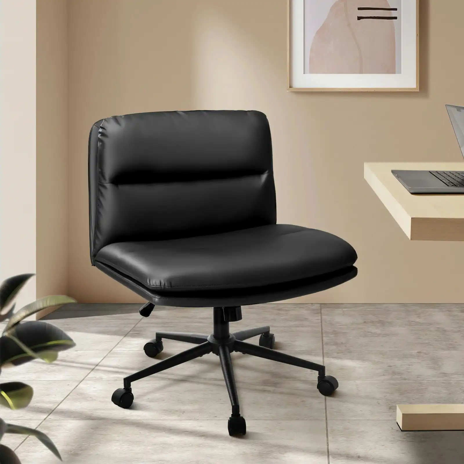 Oikiture Mid Back Armless Office Desk Chair Wide Seat Leather Black with Wheels