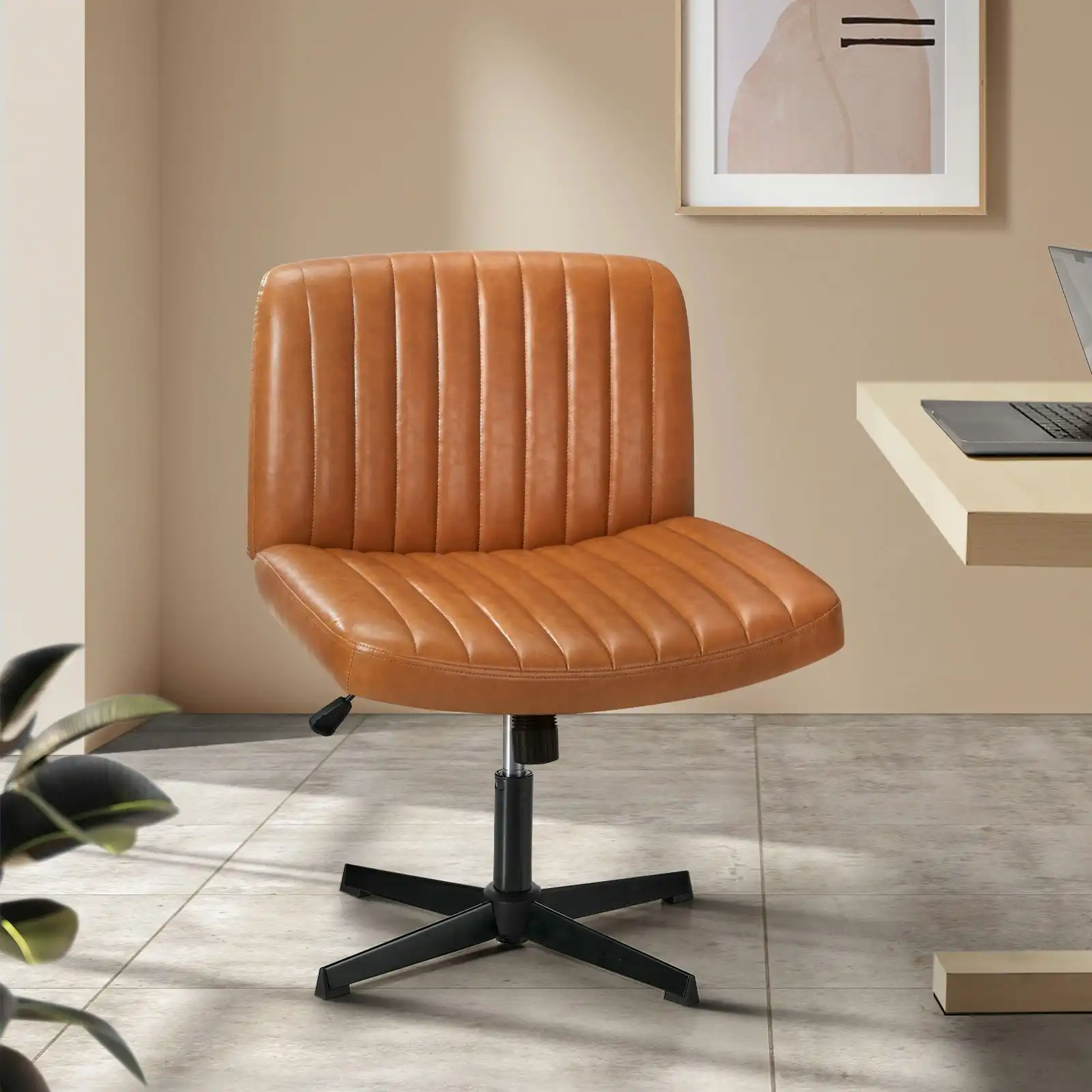 Oikiture Mid Back Armless Office Desk Chair Wide Seat PU Leather Brown