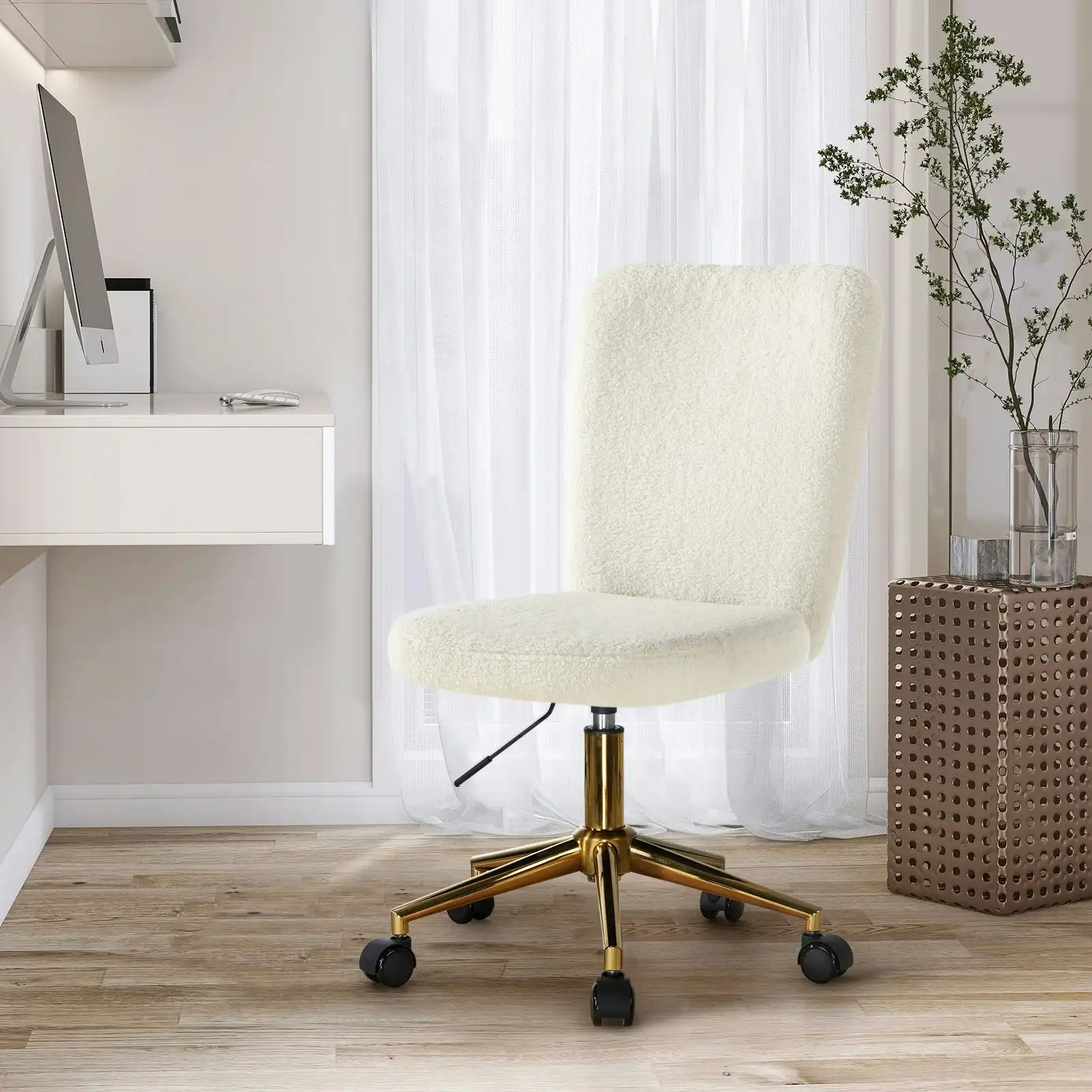Oikiture High Back Armless Home Office Chair Boucle White&Gold