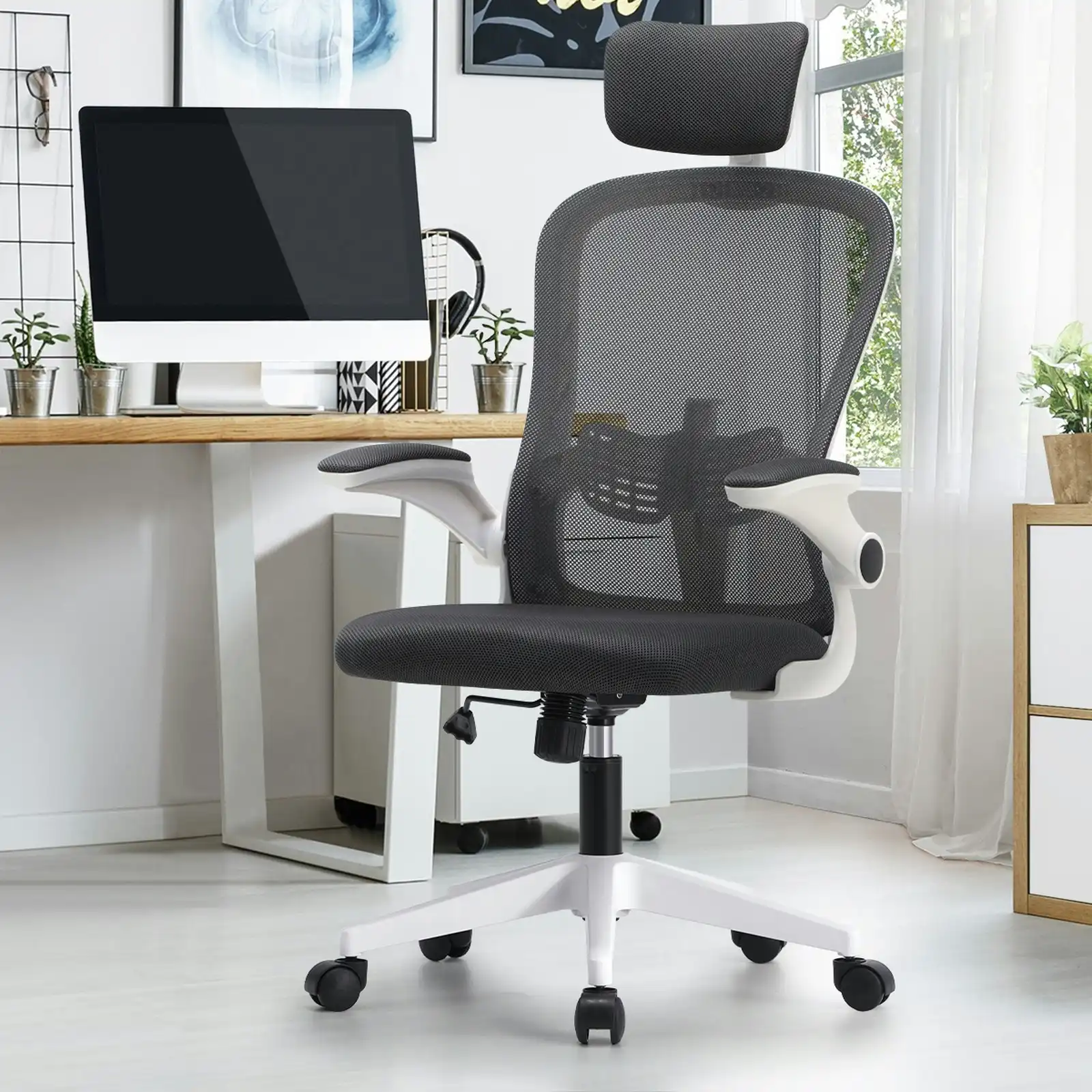 Oikiture Mesh Office Chair Executive Gaming Seat Racing Computer DARK GREY&WHITE
