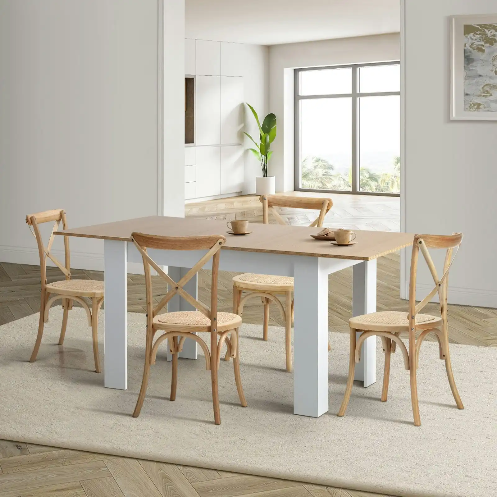 Oikiture 160cm Extendable Dining Table with 4PCS Dining Chairs Crossback Wooden
