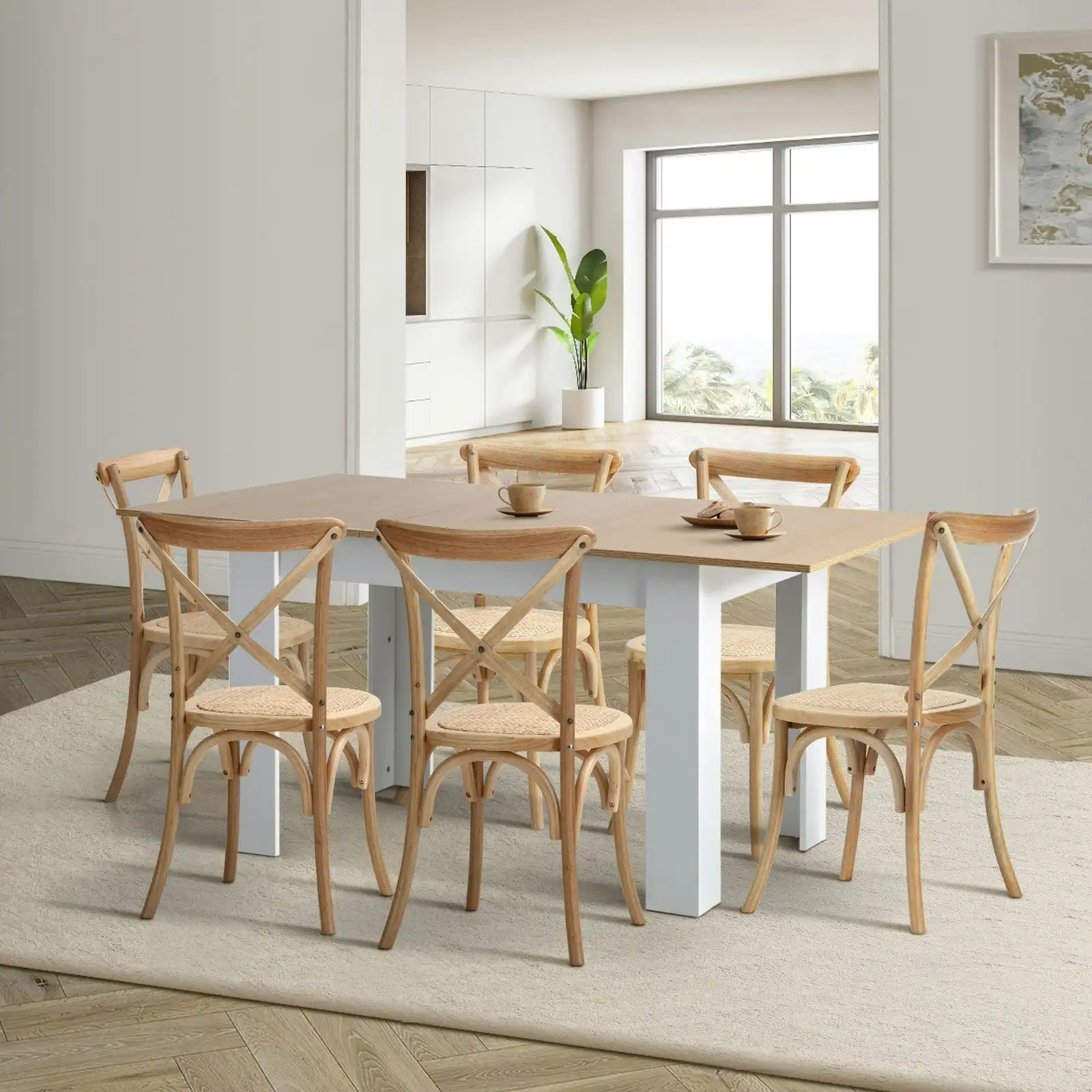 Oikiture 160cm Extendable Dining Table with 6PCS Dining Chairs Crossback Wooden