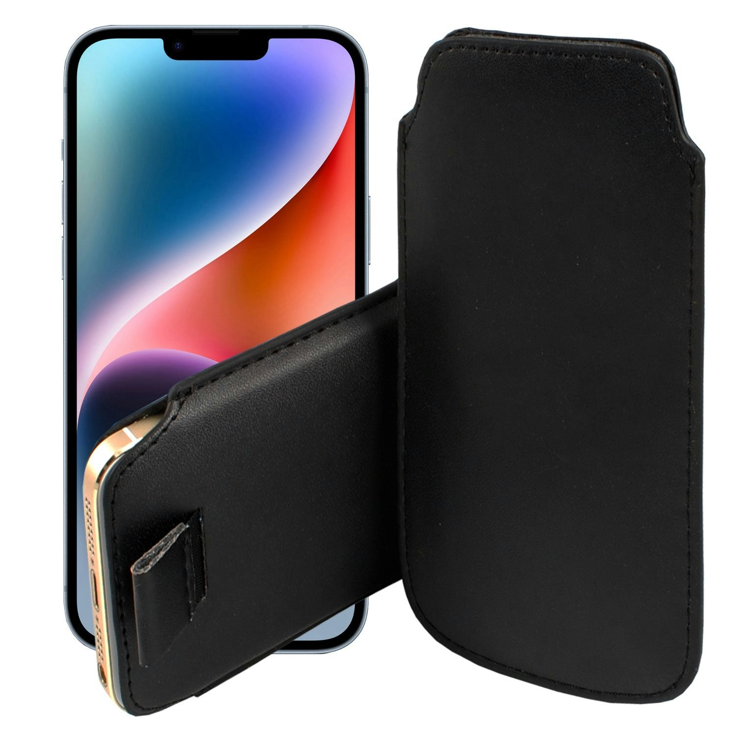 MEZON Pull Tab Slim Pouch for iPhone 14 Plus (6.7") PU Leather Sleeve Case – Shock Absorption – Black