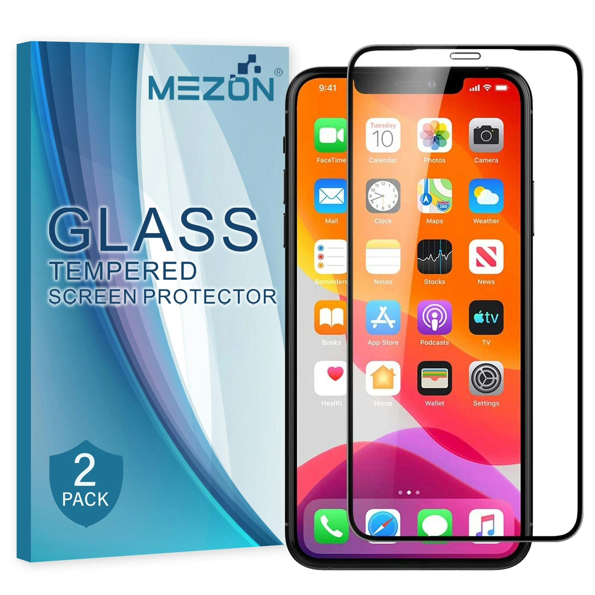 [2 Pack] MEZON Full Coverage Apple iPhone 11 Pro Max (6.5") Tempered Glass Crystal Clear Premium 9H HD Screen Protector