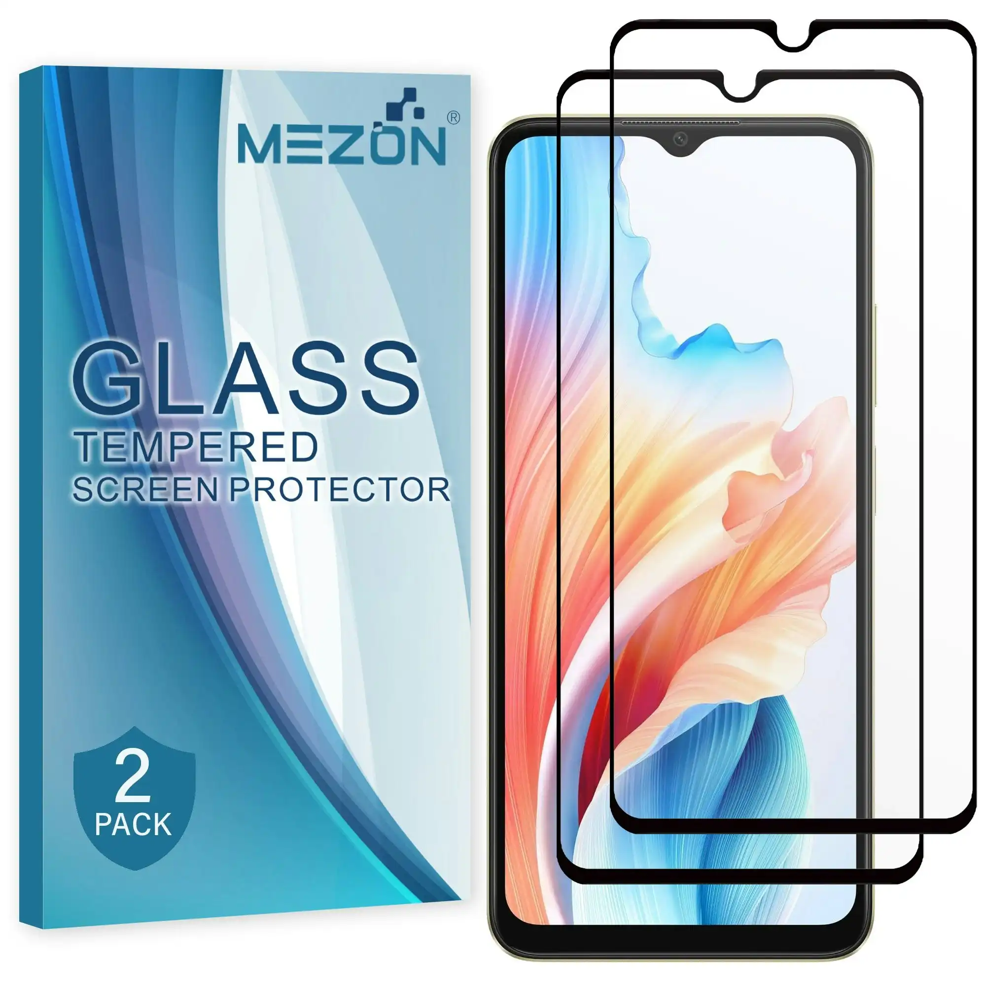 [2 Pack] MEZON Full Coverage Tempered Glass for OPPO A38 4G Crystal Clear Premium 9H HD Screen Protector (OPPO A38 4G, 9H Full)