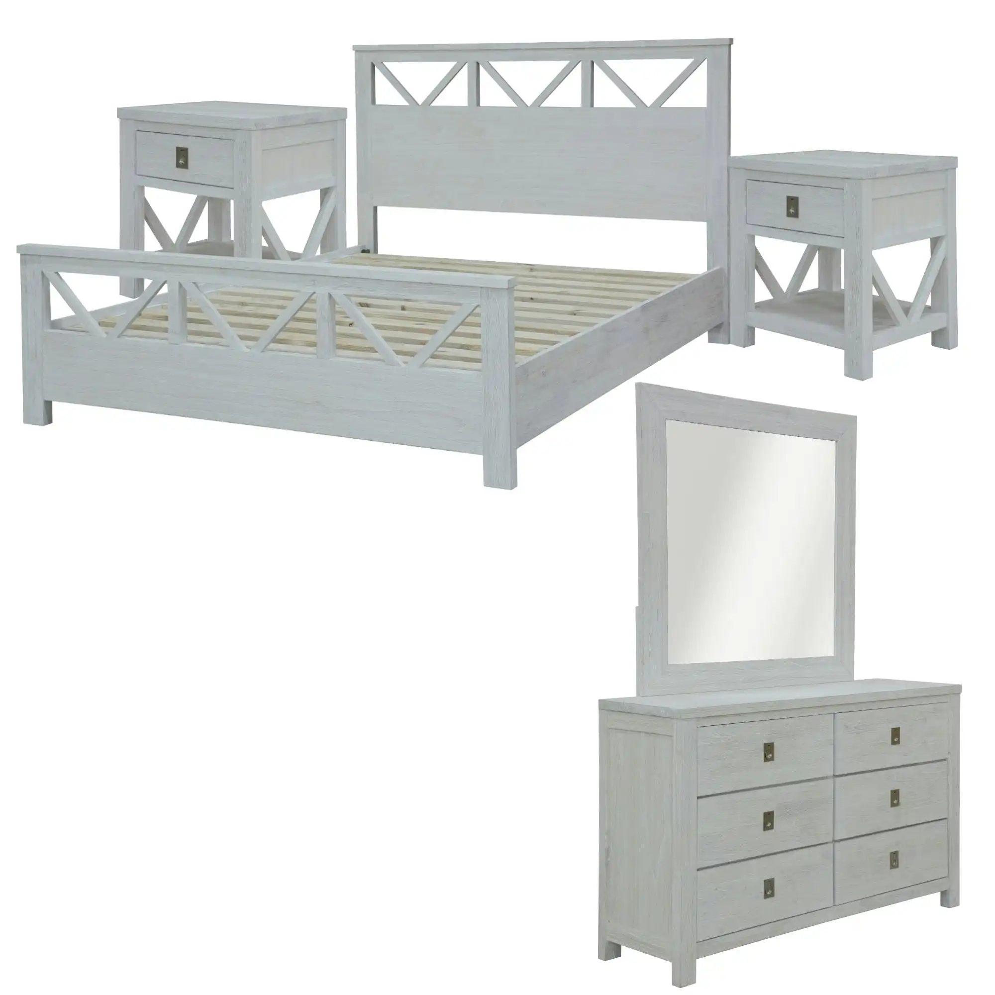 Myer 5pc Bed Frame Suite Bedside Dresser Package White Wash