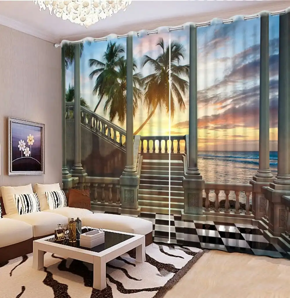 3D realistic block out curtain, stairs sunset sea, bi-parting, multiple sizes