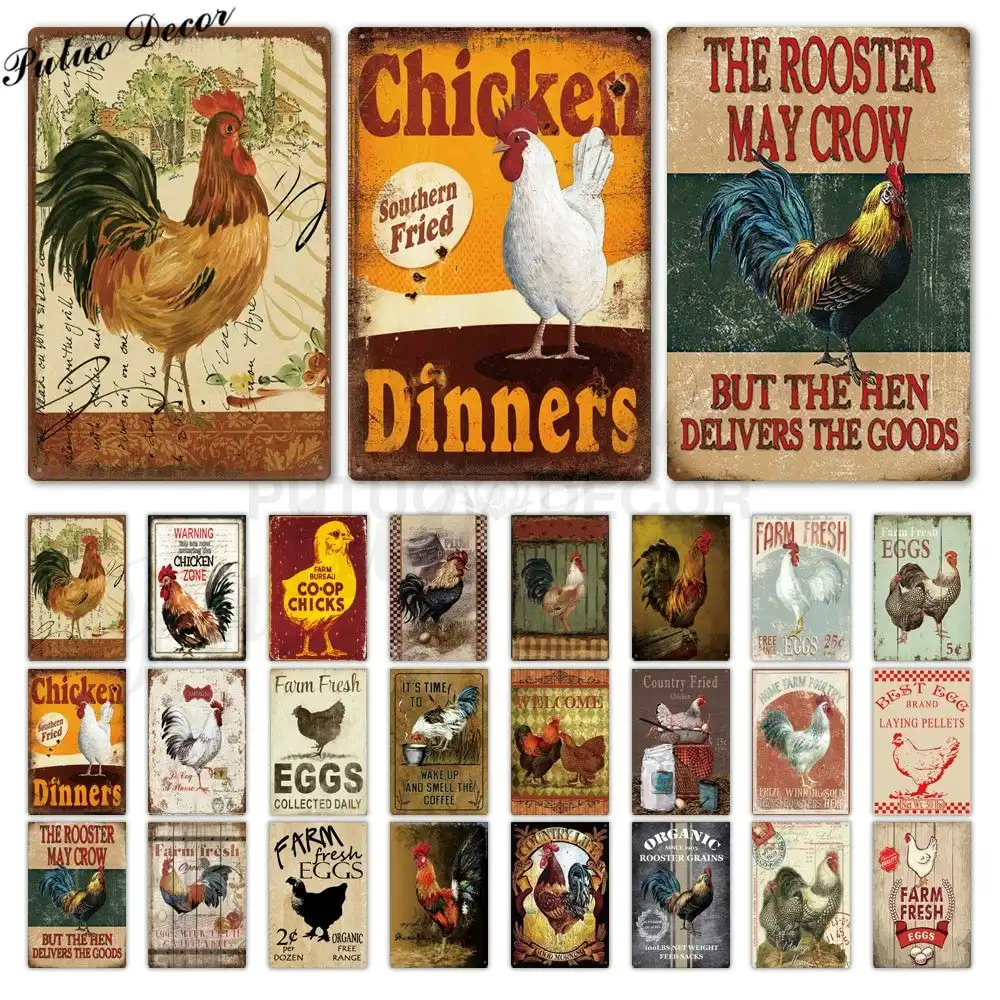 Rooster/chicken farmhouse retro hanging sign wall decor, 24 styles