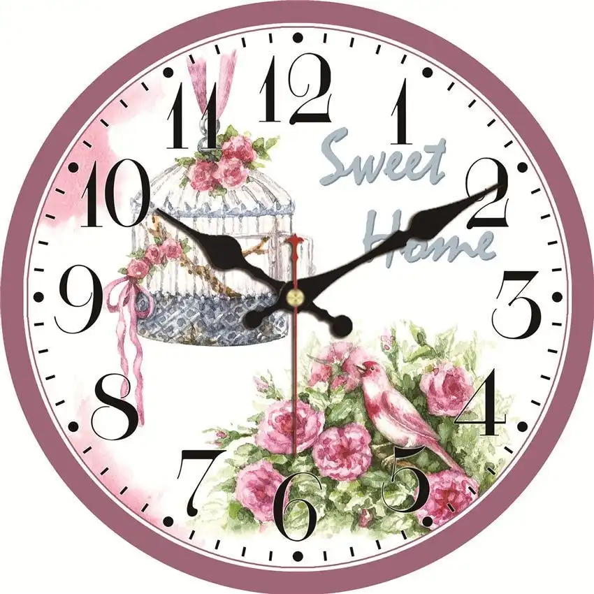 Pink flower wall clock, rose, blossom, pink bird, 3 styles, 3 sizes