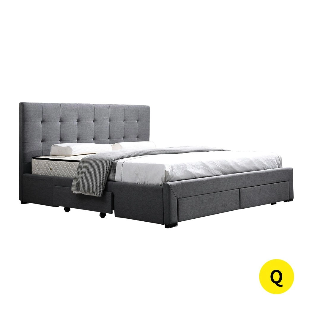 Levede Queen Bed Frame Fabric Tufted 4 Drawers Storage Wooden Mattress Dark Grey