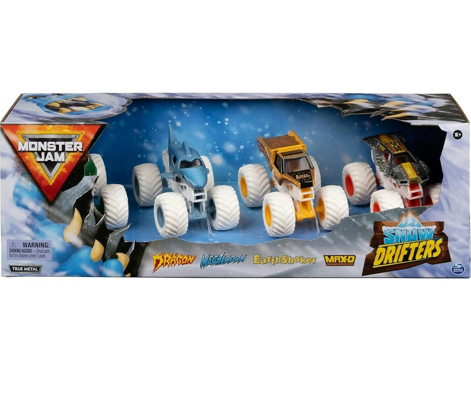 Monster Jam - Snow Drifters 4-pack Monster Trucks Official Dragon Megalodon Earth Shaker And Max-d 1:64 Scale - Spin Master