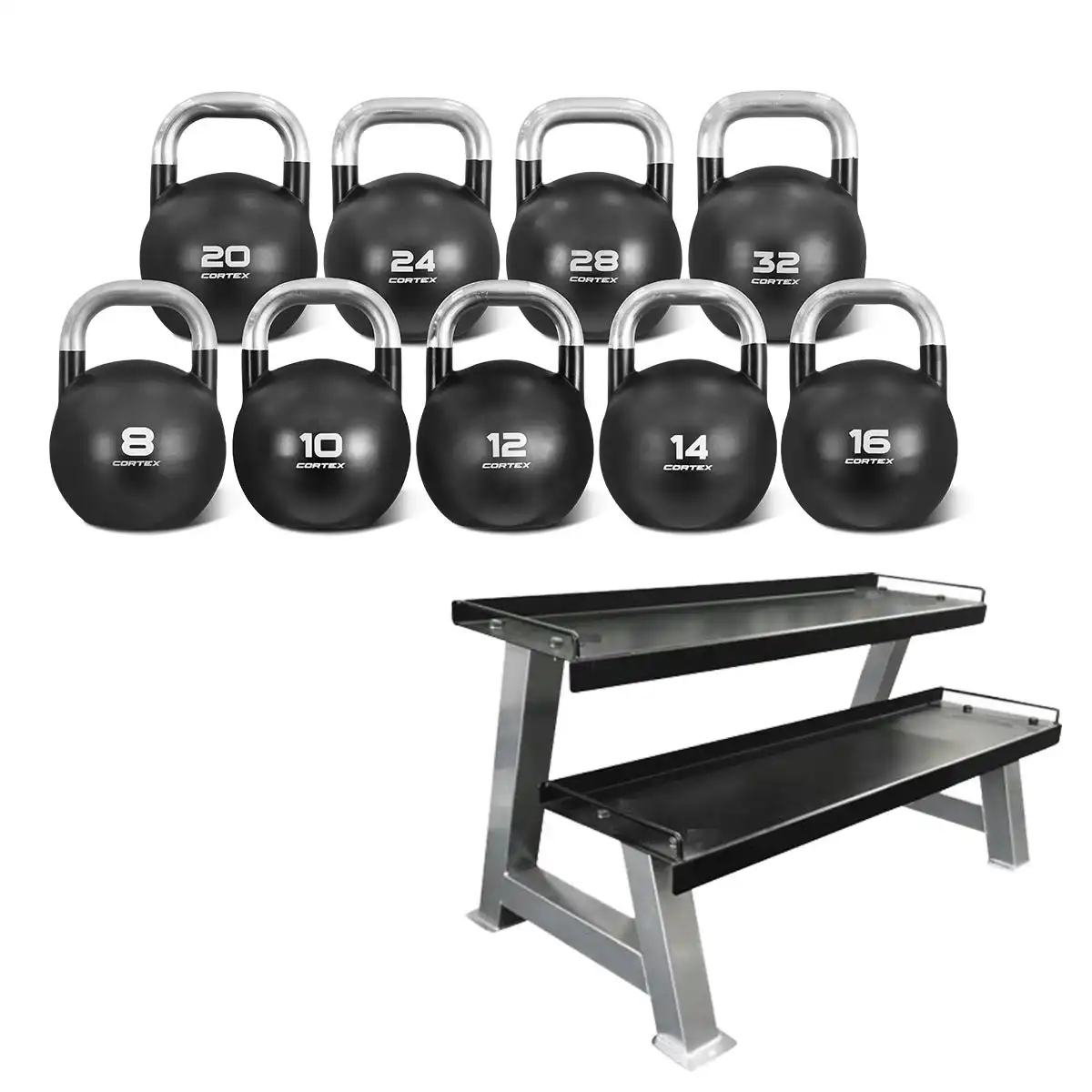 Cortex 8kg to 32kg Commercial Steel Kettlebell V2 Package with Kettlebell Stand