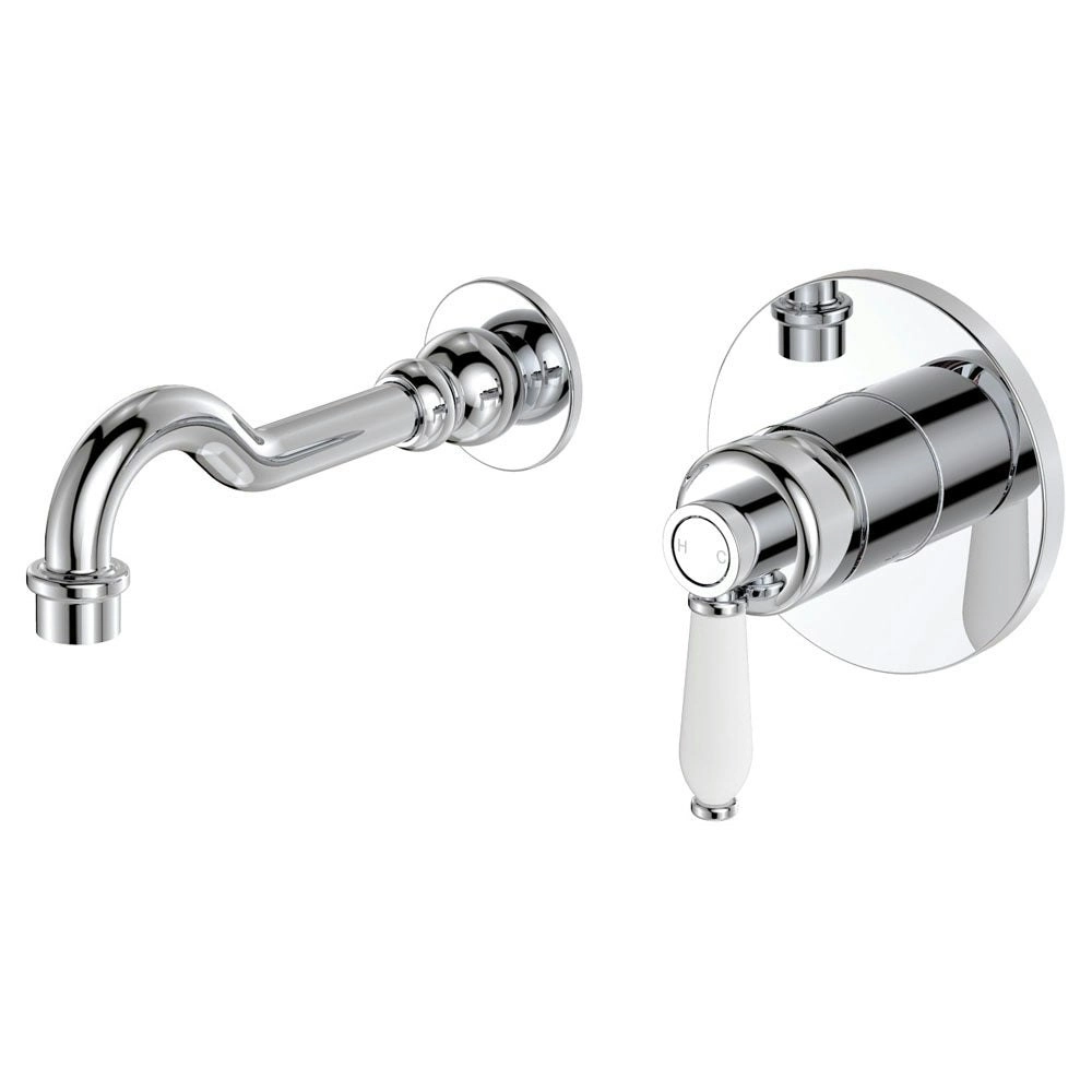 Fienza Eleanor Wall Basin/ Bath Mixer Set Chrome with White Ceramic Handle 202106