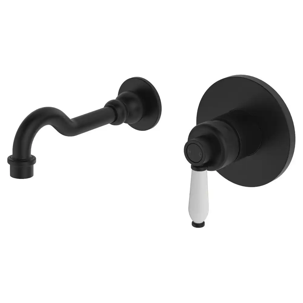 Fienza Eleanor Wall Basin/ Bath Mixer Set Matte Black with White Ceramic Handle 202106BK