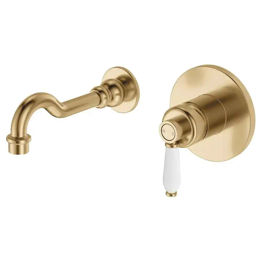 Fienza Eleanor Wall Basin/ Bath Mixer Set Urban Brass with White Ceramic Handle 202106UB