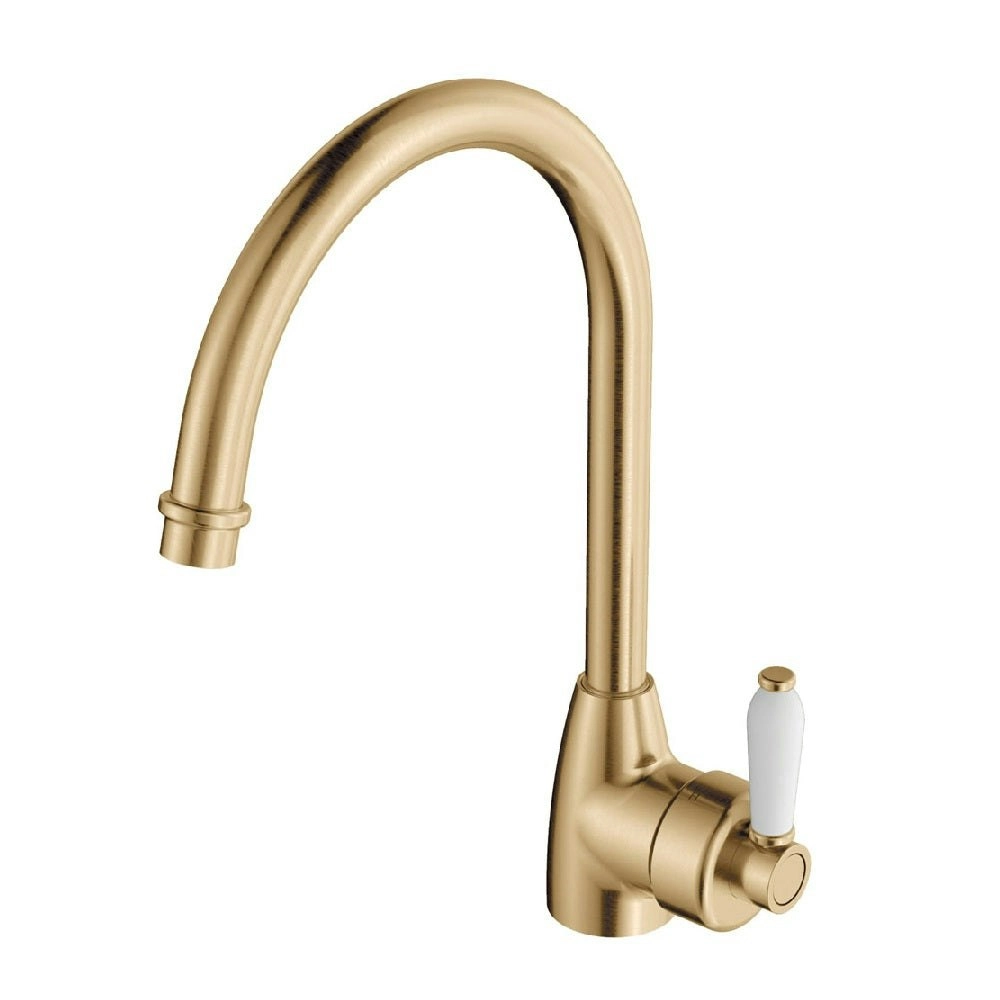 Fienza Eleanor Gooseneck Sink Mixer Urban Brass with White Ceramic Handle 202109UB