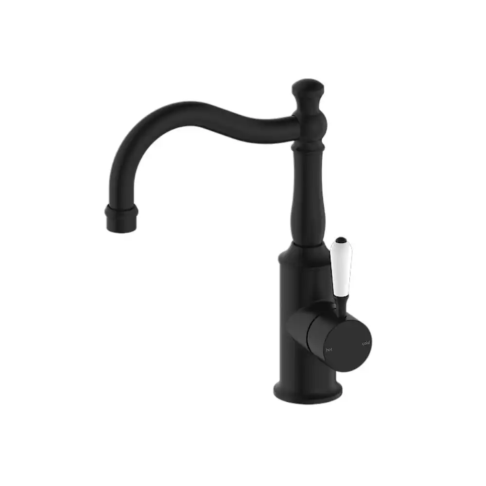 Nero York Basin Mixer Hook Spout With White Porcelain Lever Matte Black NR69210201MB