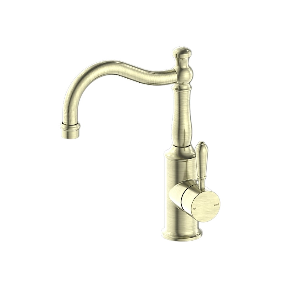 Nero York Basin Mixer Hook Spout With Metal Lever Aged Brass NR69210202AB