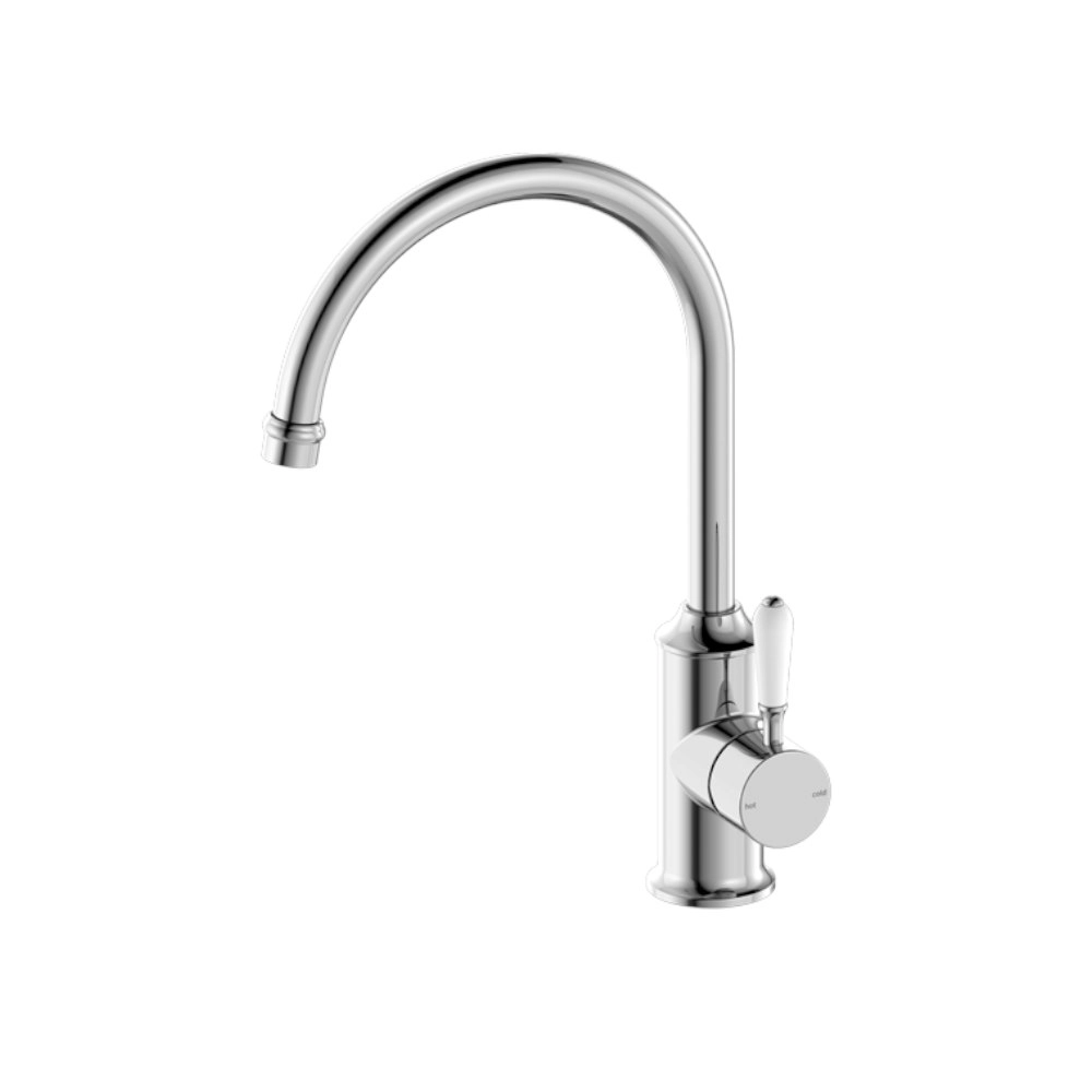 Nero York Kitchen Mixer Gooseneck with White Porcelain Lever Chrome NR69210601CH