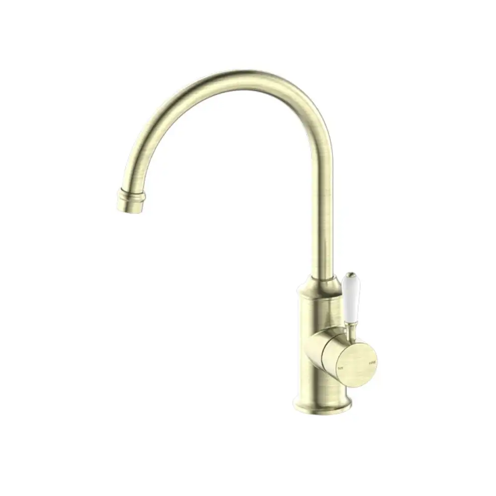 Nero York Kitchen Mixer Gooseneck Spout with White Porcelain Lever Aged Brass NR69210601AB