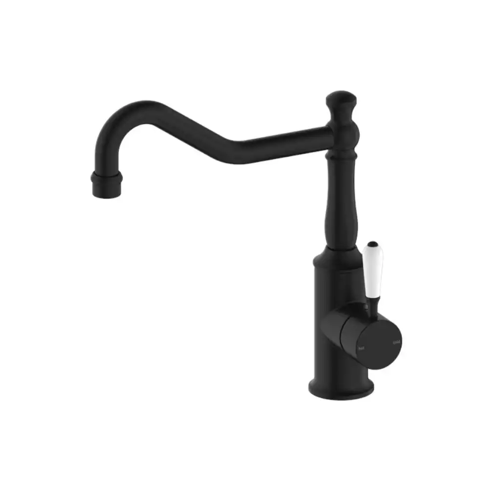 Nero York Kitchen Mixer Hook Spout with White Porcelain Lever Matte Black NR69210701MB