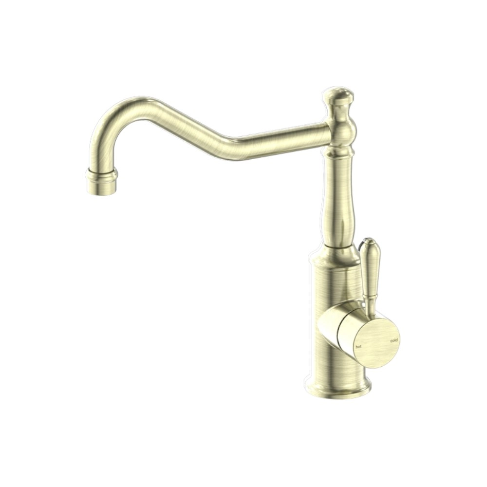 Nero York Kitchen Mixer Hook Spout with Metal Lever Aged Brass NR69210702AB