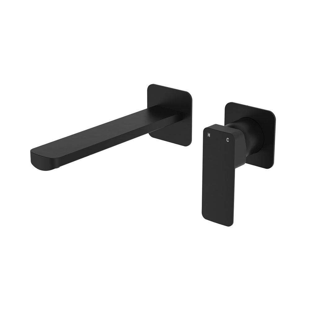 Fienza Tono Basin/Bath Wall Mixer 200 mm Outlet Set Small Square Plates Matte Black 233104B-200