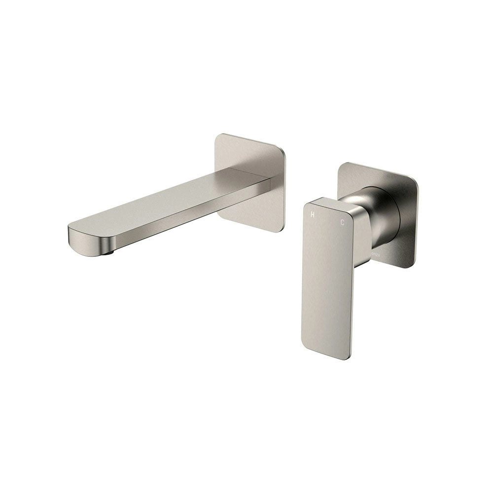 Fienza Tono Basin/Bath Wall Mixer 160 mm Outlet Set Small Square Plates Brushed Nickel 233104BN