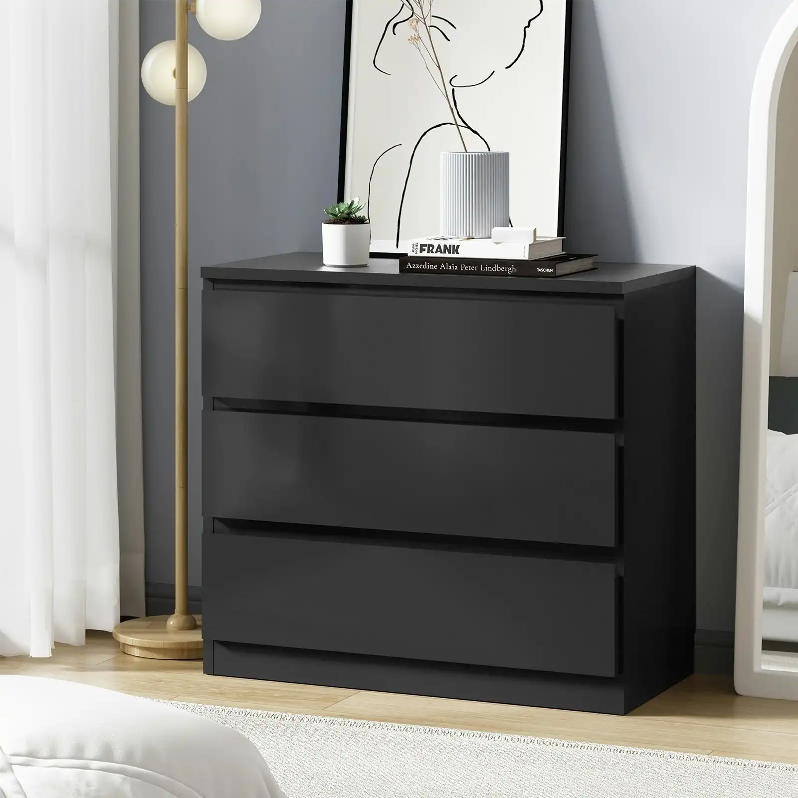 Oikiture 3 Chest of Drawers Lowboy Dresser Table Storage Cabinet Bedroom Black