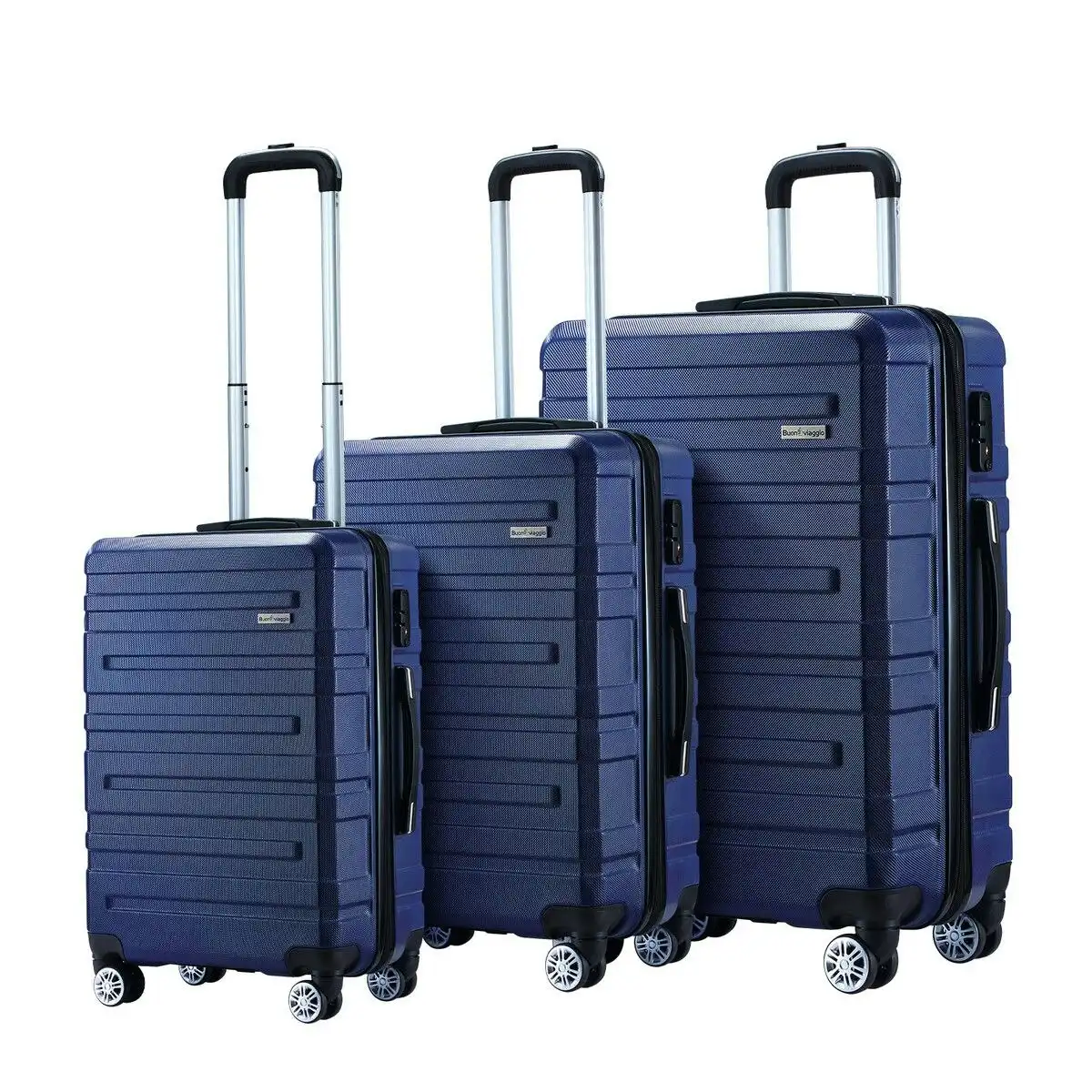 Buon Viaggio 3 Piece Luggage Set Travel Carry On Hard Suitcases Trolley Lightweight with 2 Covers and TSA Lock Navy Blue