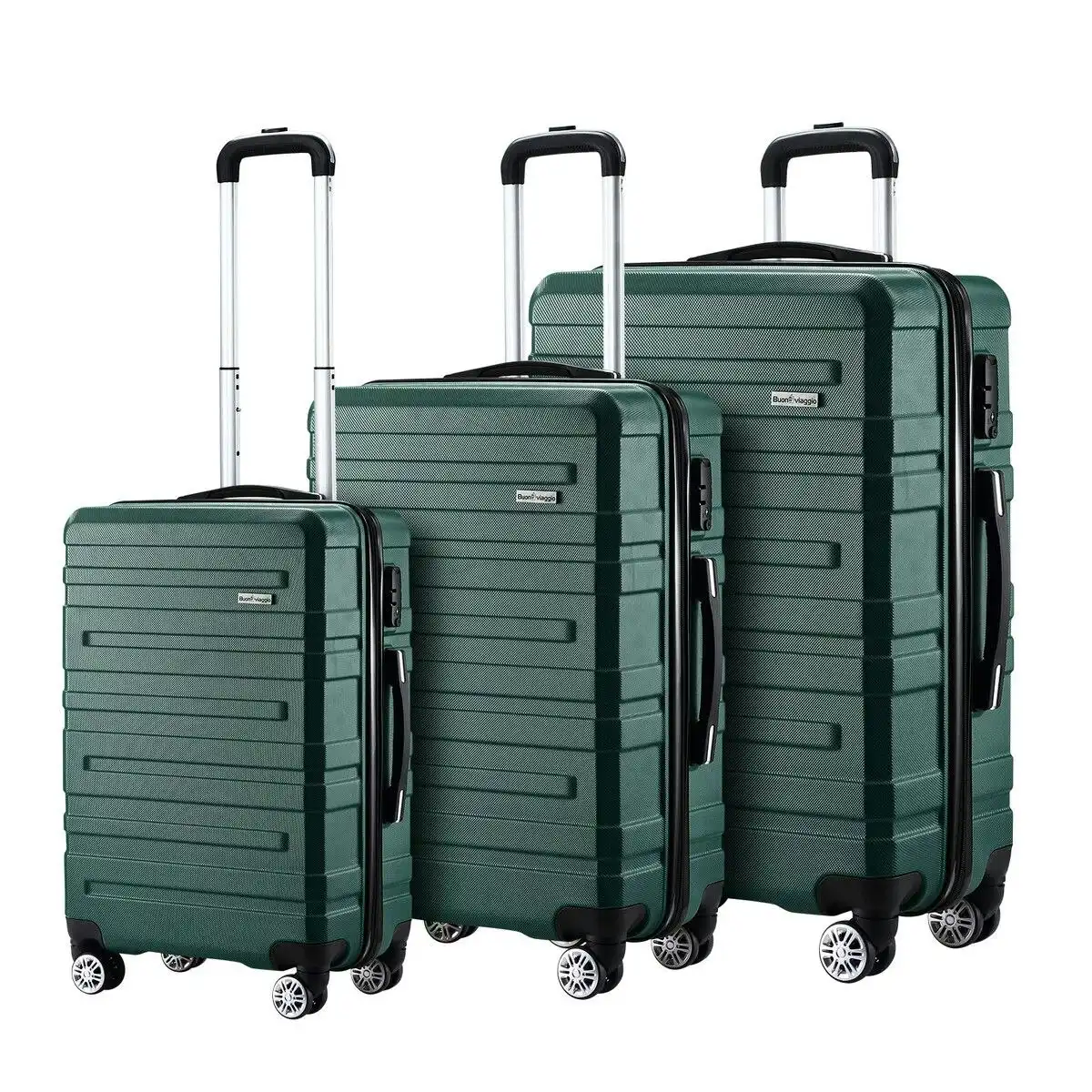 Buon Viaggio 3 Piece Luggage Set Hard Carry On Travel Suitcases Trolley Lightweight with TSA Lock and 2 Covers Green