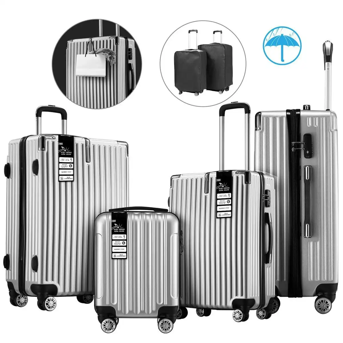 Ausway 4 Piece Carry On Luggage Set Suitcases Hard Shell Traveller Bag Rolling Trolley Checked TSA Lock Front Hook Lightweight Silver