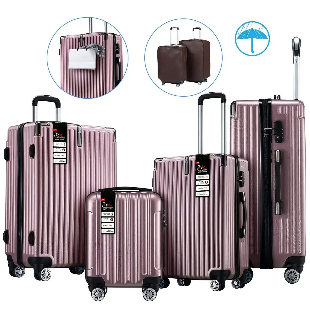 Ausway 4 Piece Luggage Set Carry On Traveller Suitcases Hard Shell Rolling Trolley Checked Bag TSA Lock Front Hook Lightweight Rose Gold