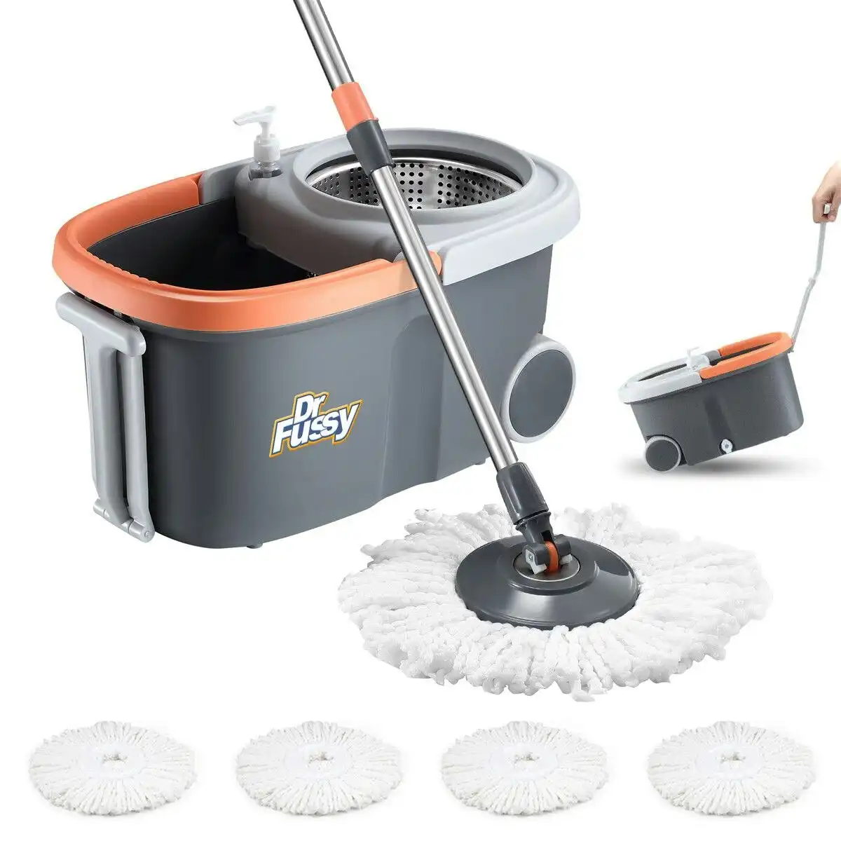 Dr FUSSY Spin Mop and Bucket Kit Wood Tile Floor Cleaner 4 Microfibre Heads Magic Dry Twist Dust Cleaning System
