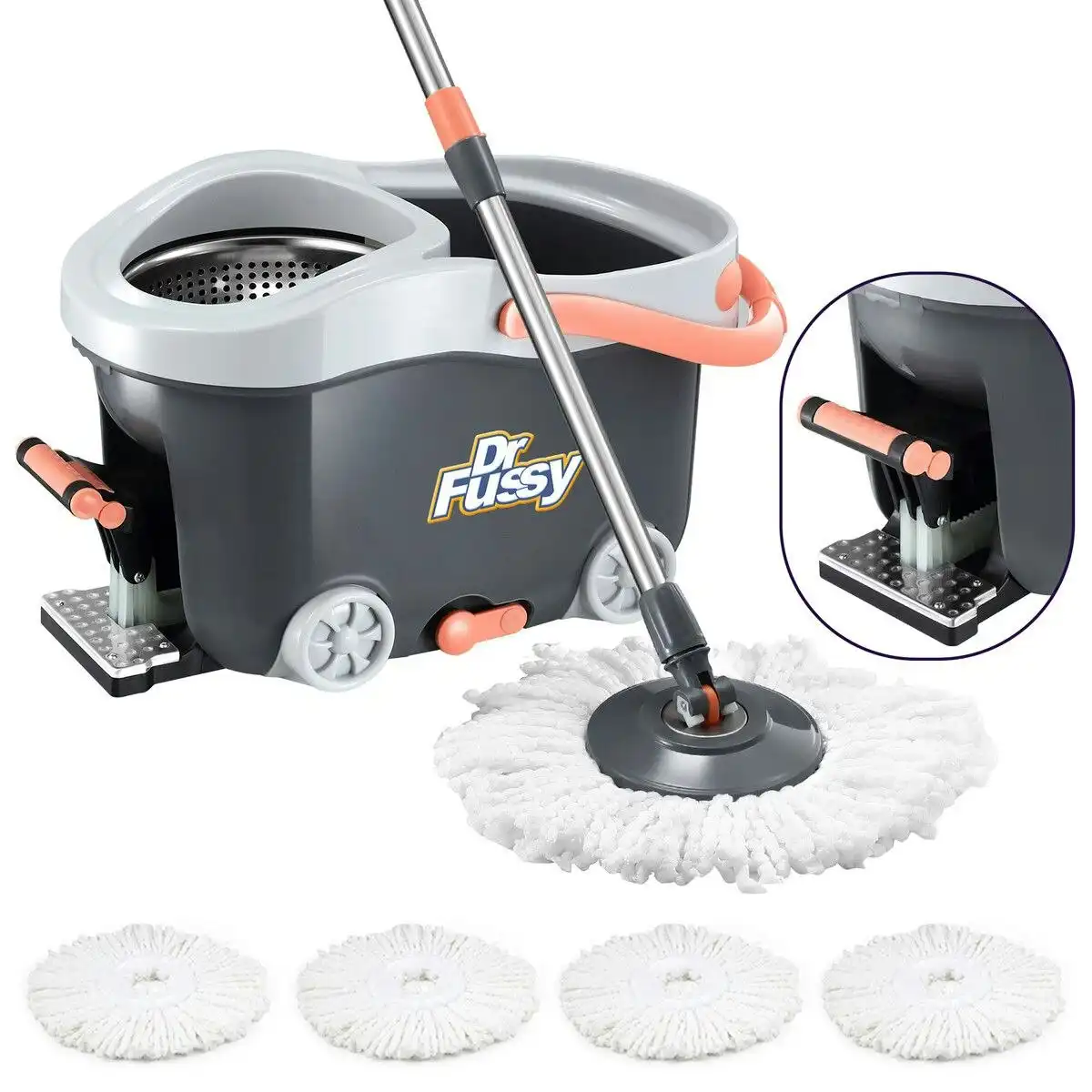 Dr FUSSY Spin Mop and Bucket Set Floor Cleaner Dust Magic Dry Twist Cleaning System 4 Microfibre Heads for Wood Tile Hardwood
