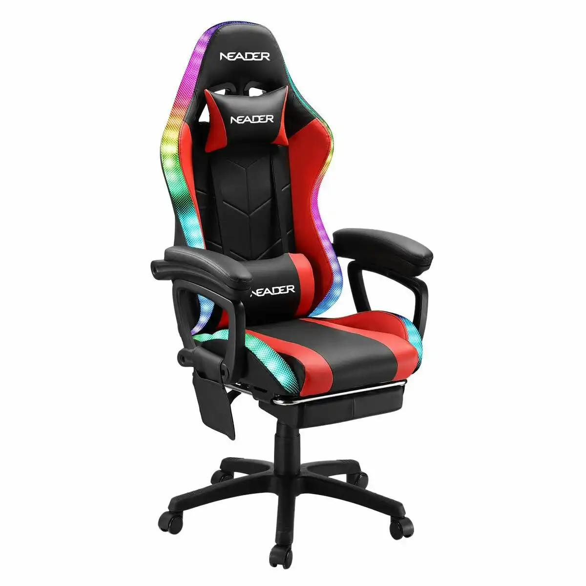 Neader RGB LED Gaming Chair Home Office Massage Computer Racing Desk Executive Armchair High Back Headrest Footrest Lumbar Pillow Seat PU Red