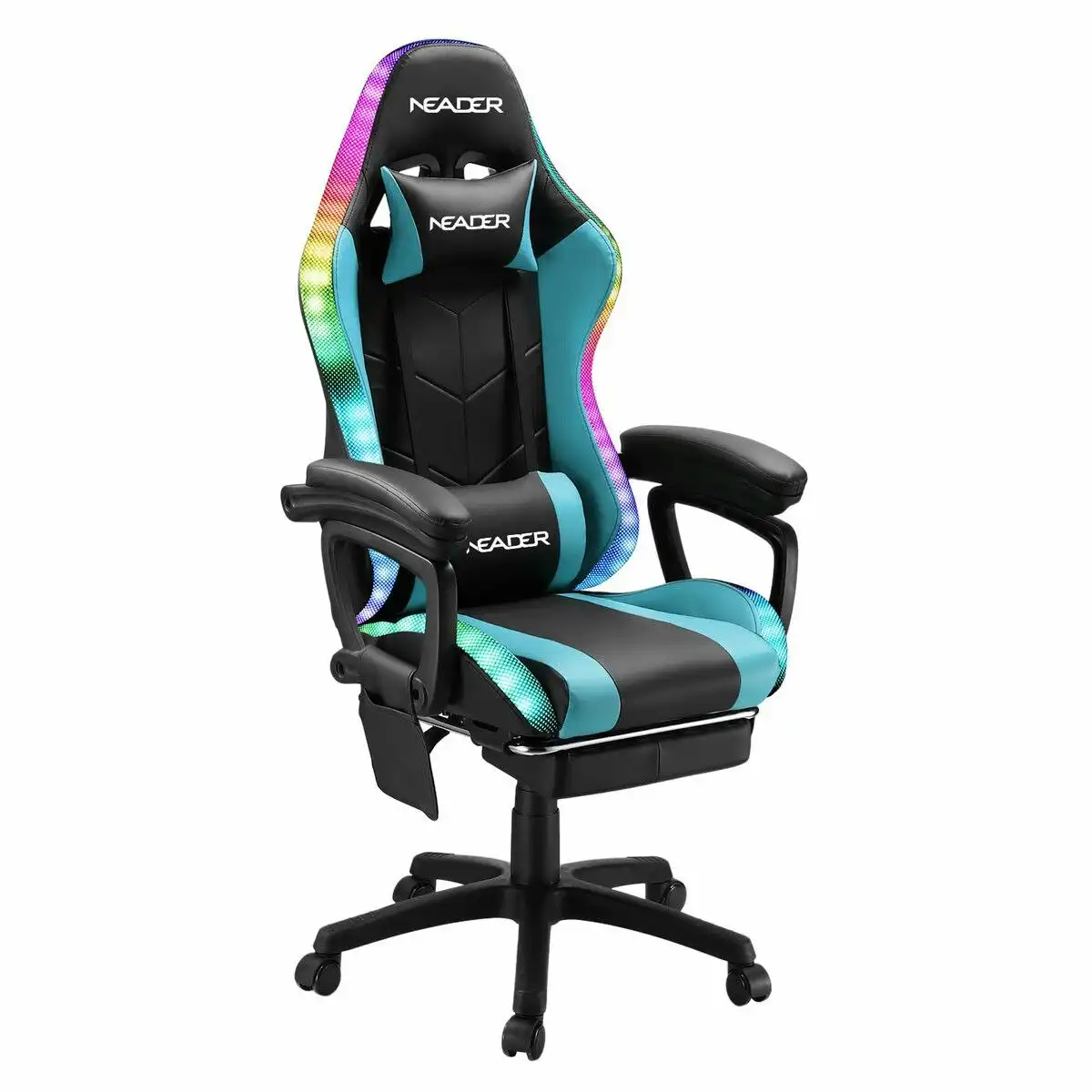 Neader Massage Gaming Chair RGB LED Home Office Computer Racing Desk Executive Armchair High Back Headrest Footrest Lumbar Pillow Seat PU Blue
