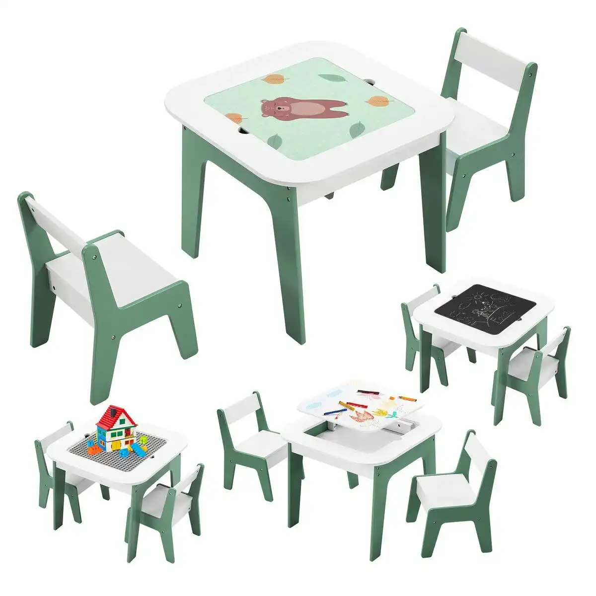 Kidbot 4 IN 1 Kids Table and Chairs Set Childrens Picnic Play Activity Centre Furniture Outdoor Indoor Study Craft Drawing Storage Desk with 2 Tabletops