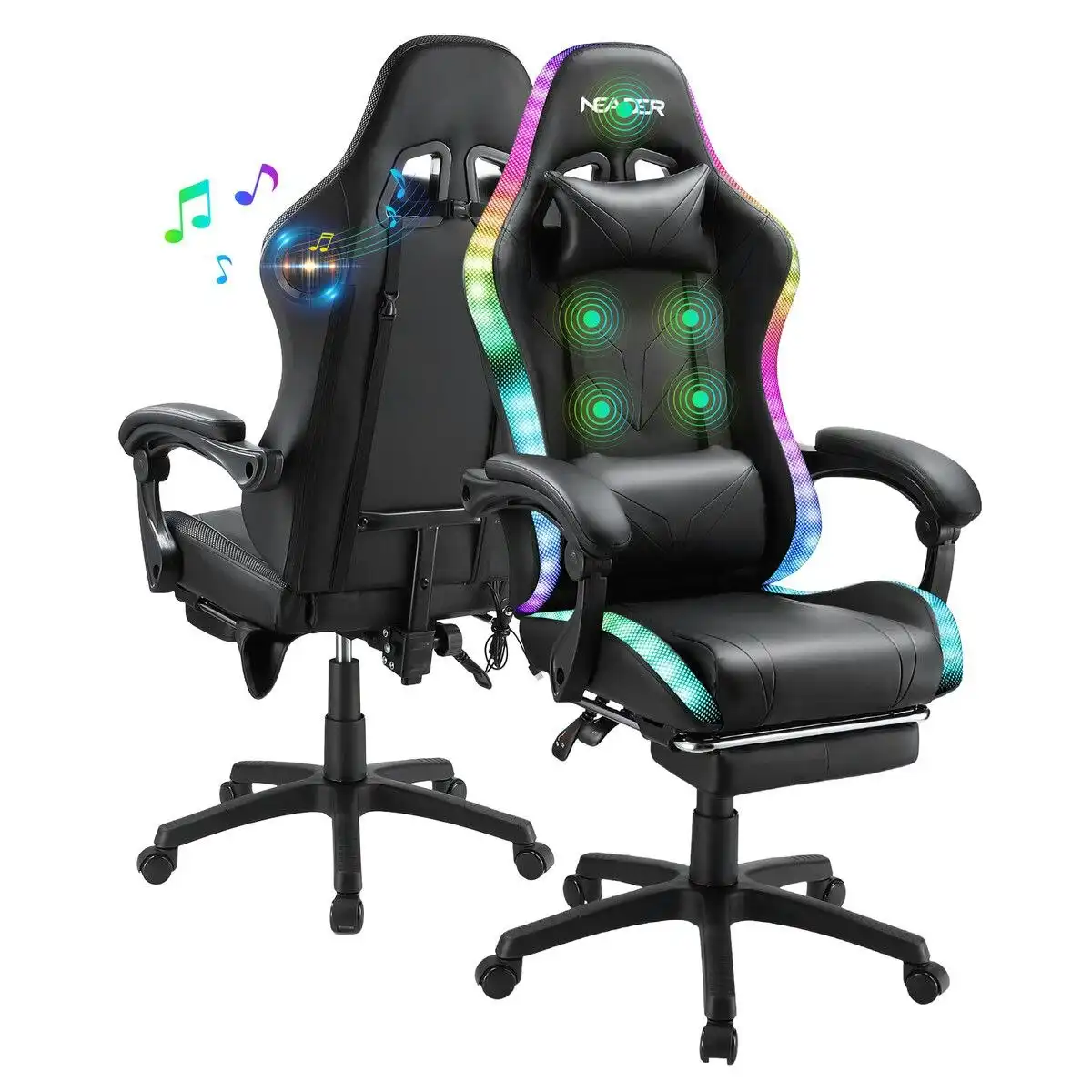 Neader Gaming Office Chair RGB LED Racing Massage PU Computer Seat Bluetooth Speaker Headrest Retractable Footrest Comfortable Armchair Recliner Black