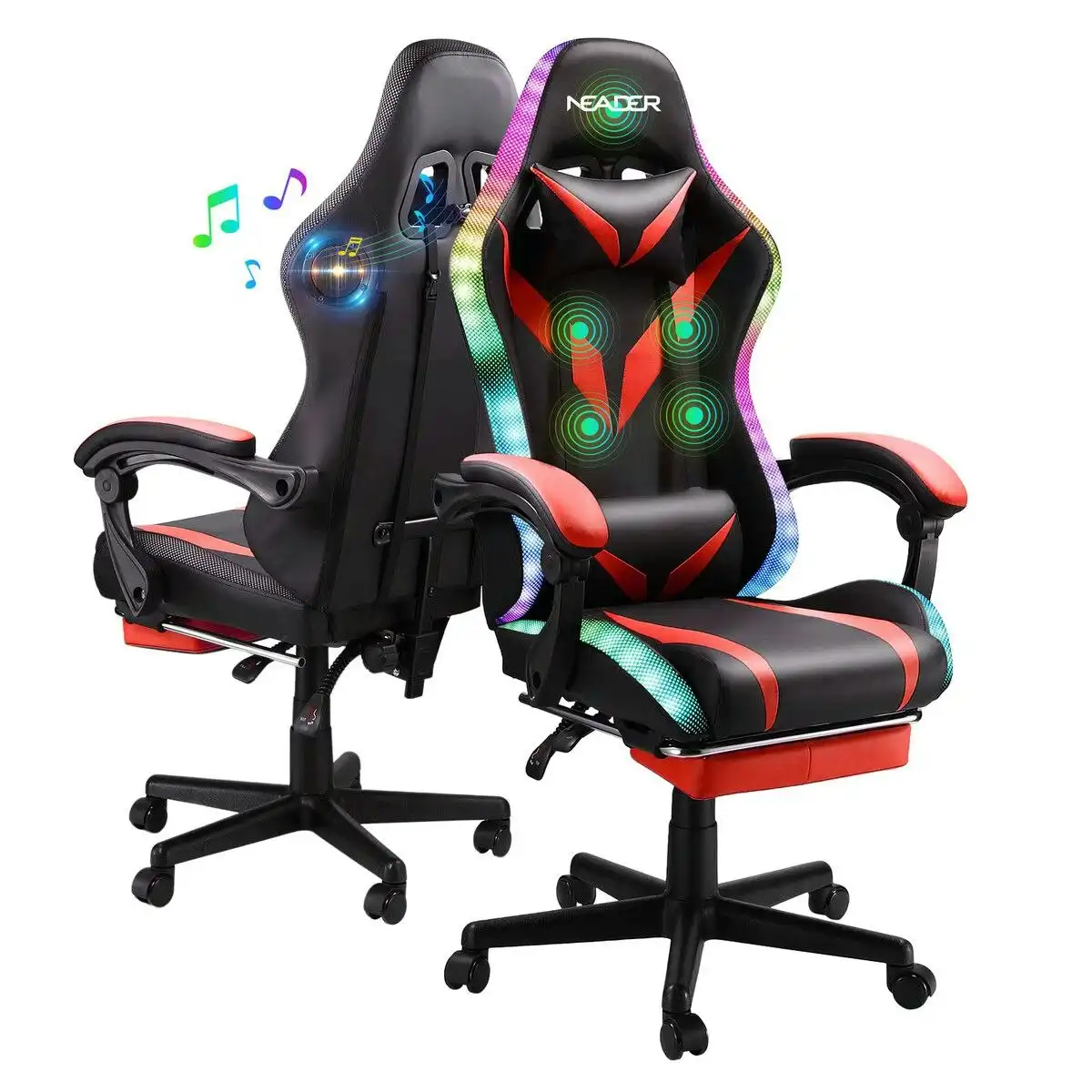 Neader High Back Gaming Chair RGB LED Computer Seat Office Racing Desk Massage Bluetooth Speakers PU Leather Headrest Footrest Work Study Red