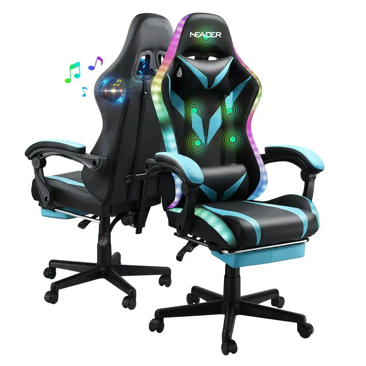 Neader RGB LED Gaming Chair Home Office Computer Racing Desk Massage Seat Bluetooth Speaker PU Leather High Back Recliner Headrest Footrest Black