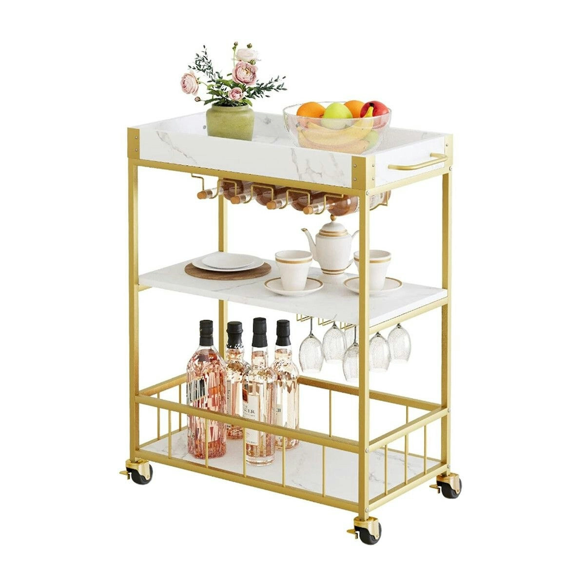 Ausway Mobile Bar Cart Drinks Rolling Kitchen Trolley Wine Rack Glass Holder Bottle Microwave Outdoor Storage Shelf with Handles