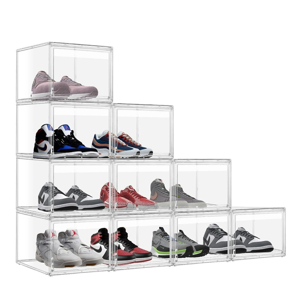 Ausway 10pcs Shoe Storage Boxes Plastic Large Clear Stackable Organiser Bins Containers Sneaker Display Cases Organizer with Lids