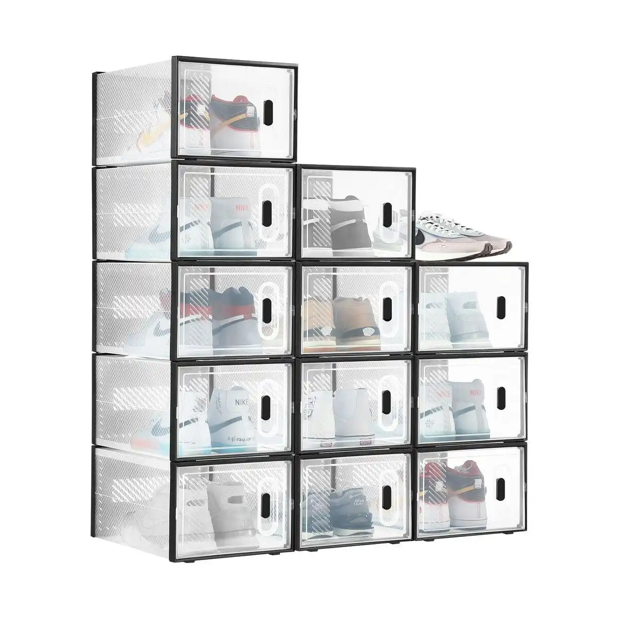 LUXSUITE 12PCS Plastic Shoe Boxes Clear Organiser Stackable Transparent Storage Display Cases Sneaker Containers Holder Bins Organizer Unit