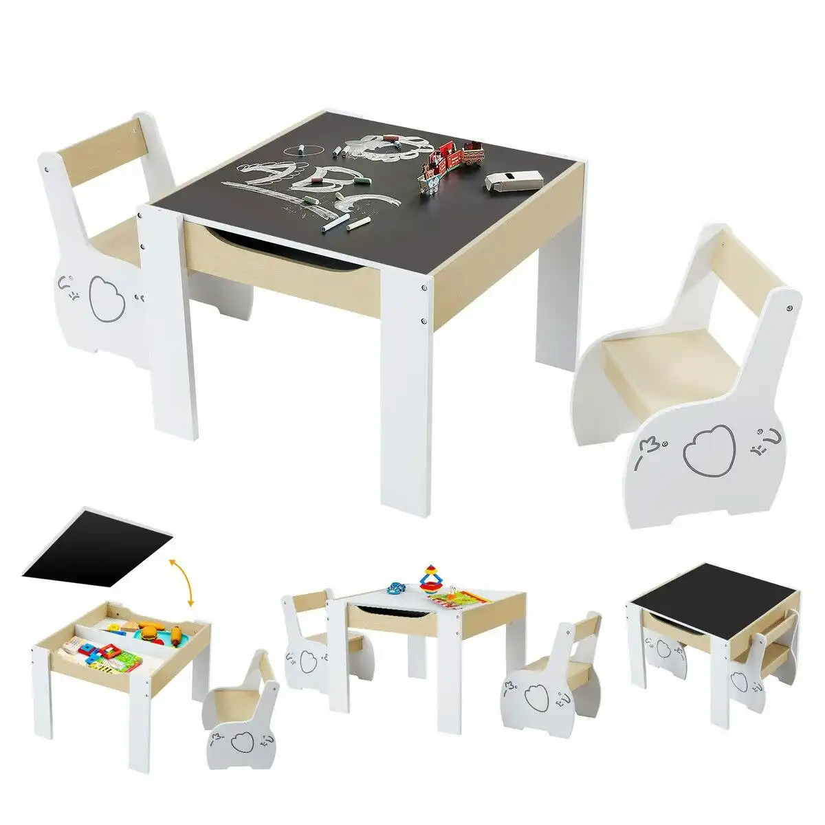 Kidbot Kids Table and 2 Chairs Set Childrens Desk Toddler Furniture Baby Activity Centre Drawing Study Reading Wooden with Storage