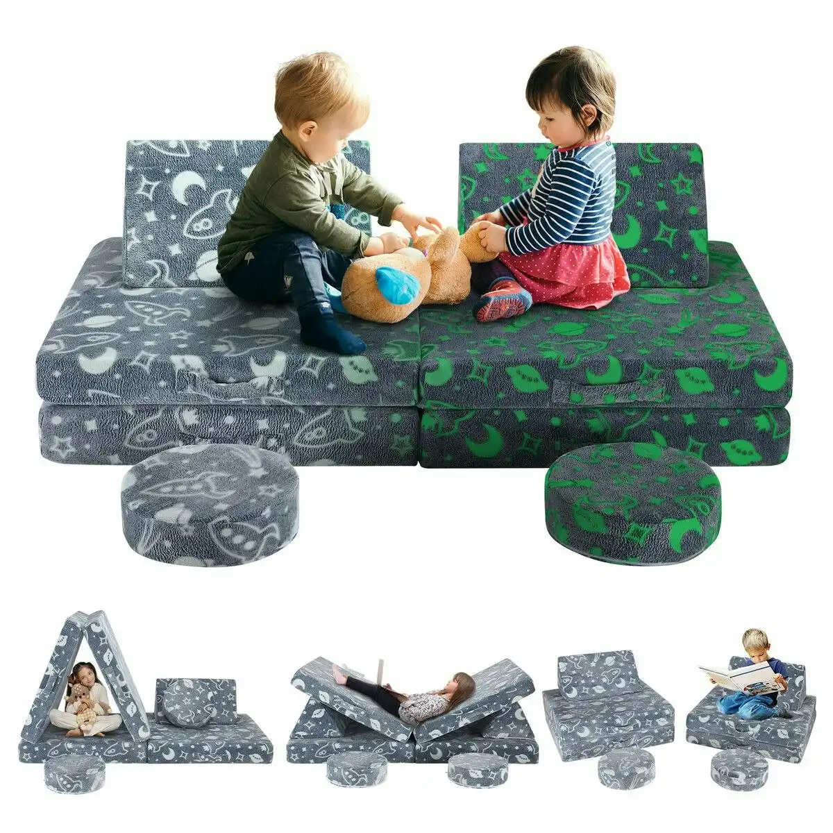 Kidbot Modular Kids Sofa Set 6Pcs Play Couch Convertible Lounge Chair Folding Toddler Playset Sectional Cushion Glowing Cover